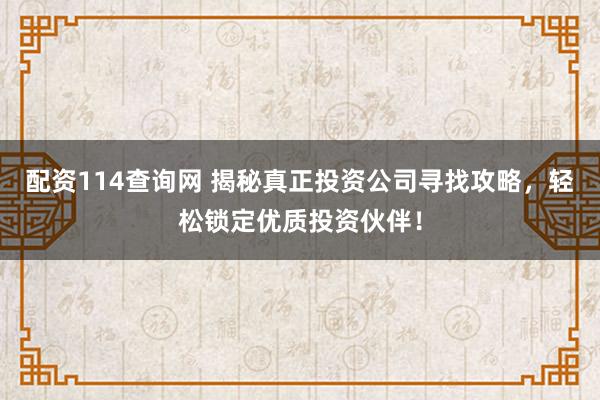 配资114查询网 揭秘真正投资公司寻找攻略，轻松锁定优质投资伙伴！
